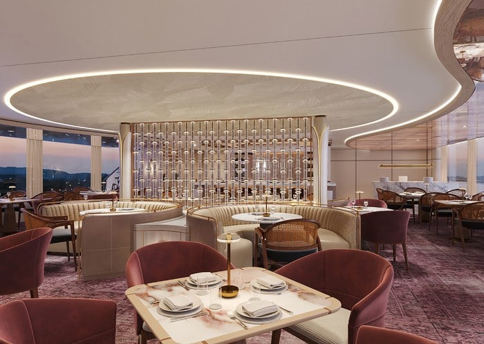Elegant dining restaurant aboard a Celebrity River cruise ship