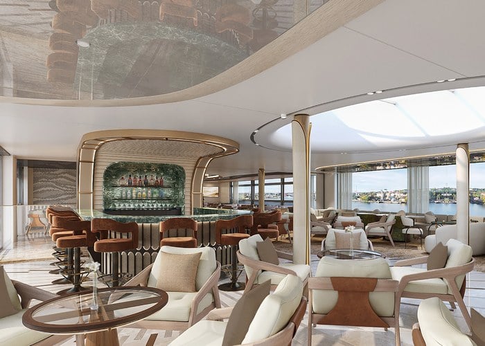 Spacious lounge and public space aboard a Celebrity River cruise ship