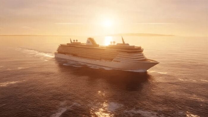Crystal Grace 2028 ultra-luxury ship rendering at sunset