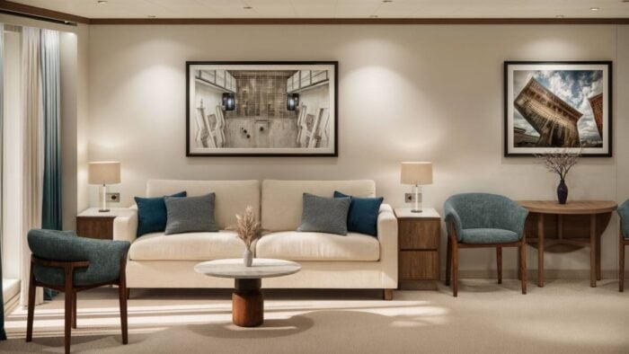 Suite interior aboard Crystal Grace with sitting area and veranda