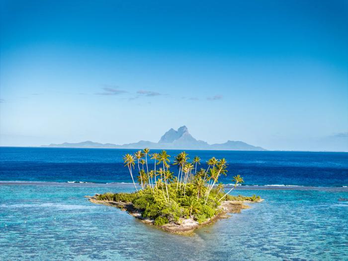 Small palm islet off Tahaa with Mount Otemanu of Bora Bora in the distance