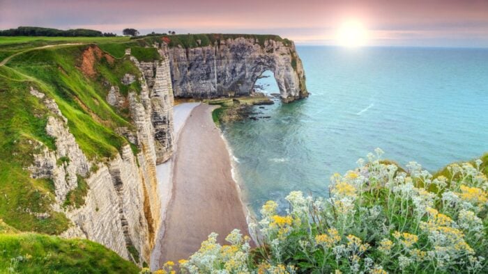 The Manneporte sea arch at Etretat, Normandy, at sunset