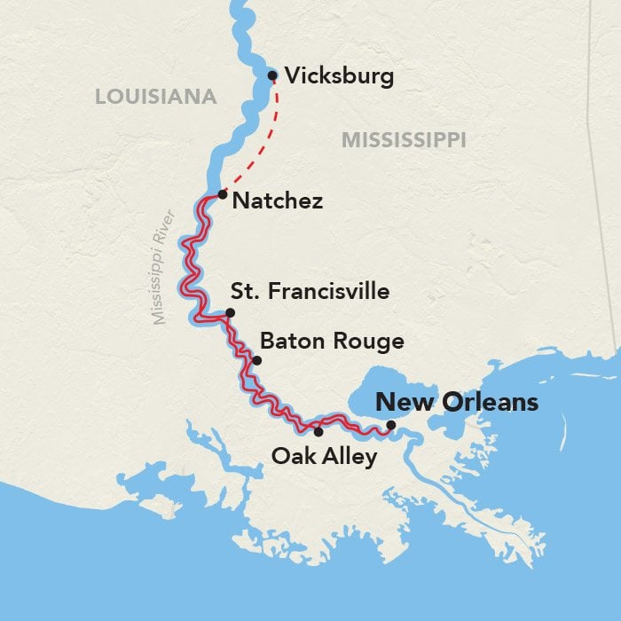 Map of a Lower Mississippi river cruise from New Orleans to Oak Alley, Baton Rouge, St. Francisville and Natchez, with Vicksburg