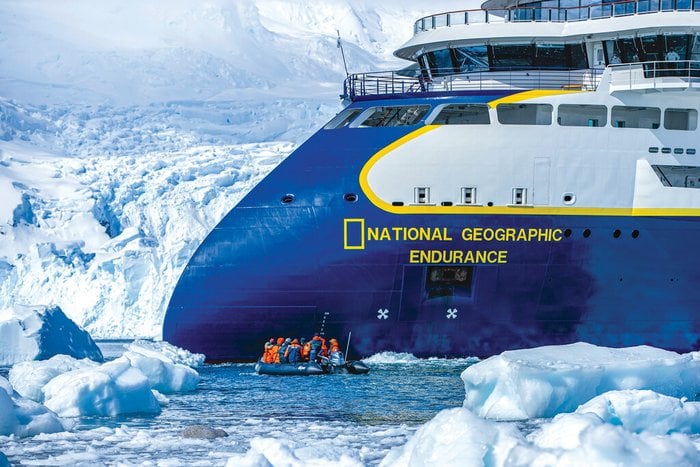 National Geographic Endurance expedition ship among the ice in Antarctica