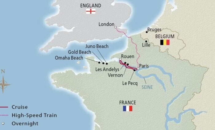 Map of a Paris and Normandy Seine river cruise showing Rouen, Les Andelys, Vernon and the D-Day beaches