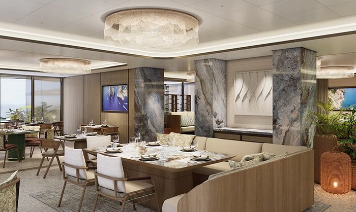 Elegant light-filled restaurant aboard the Ritz-Carlton yacht Ilma