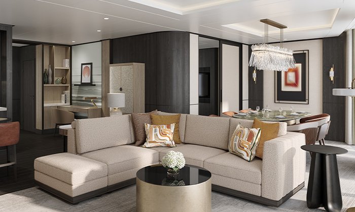 Bright living area of a luxury suite aboard the Ritz-Carlton yacht Ilma