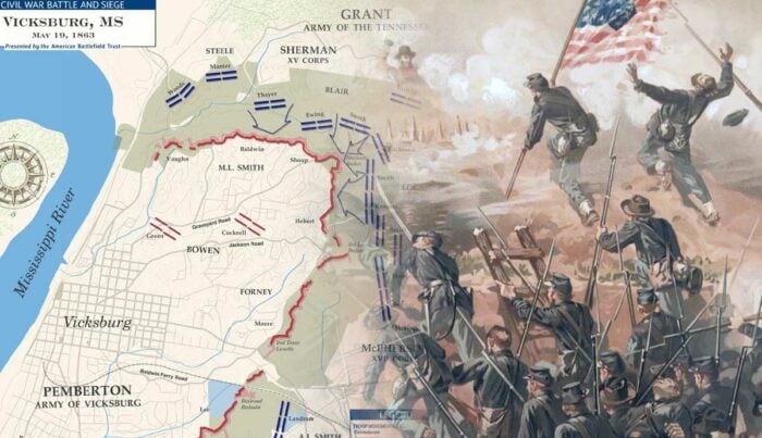 Map of the May 19, 1863 Union assault on Vicksburg beside an illustration of Union soldiers charging the Confederate works