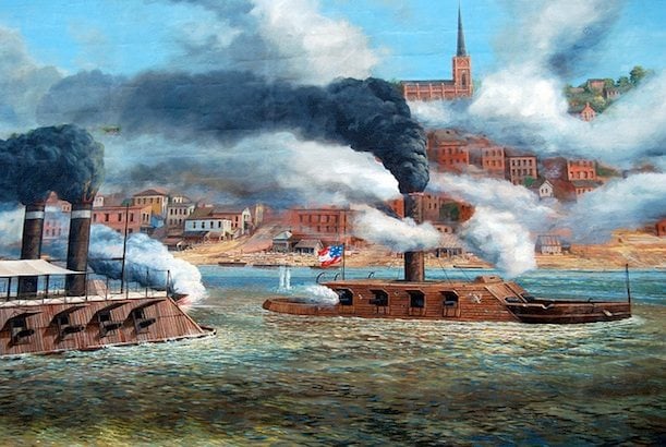 Painting of Civil War ironclad gunboats on the Mississippi River at Vicksburg