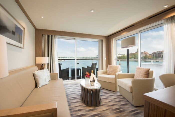 Living room of a Viking Longship Explorer Suite with wraparound veranda