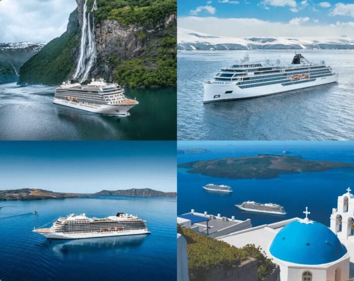 Viking ocean ships in the Norwegian fjords and Santorini and a Viking expedition ship